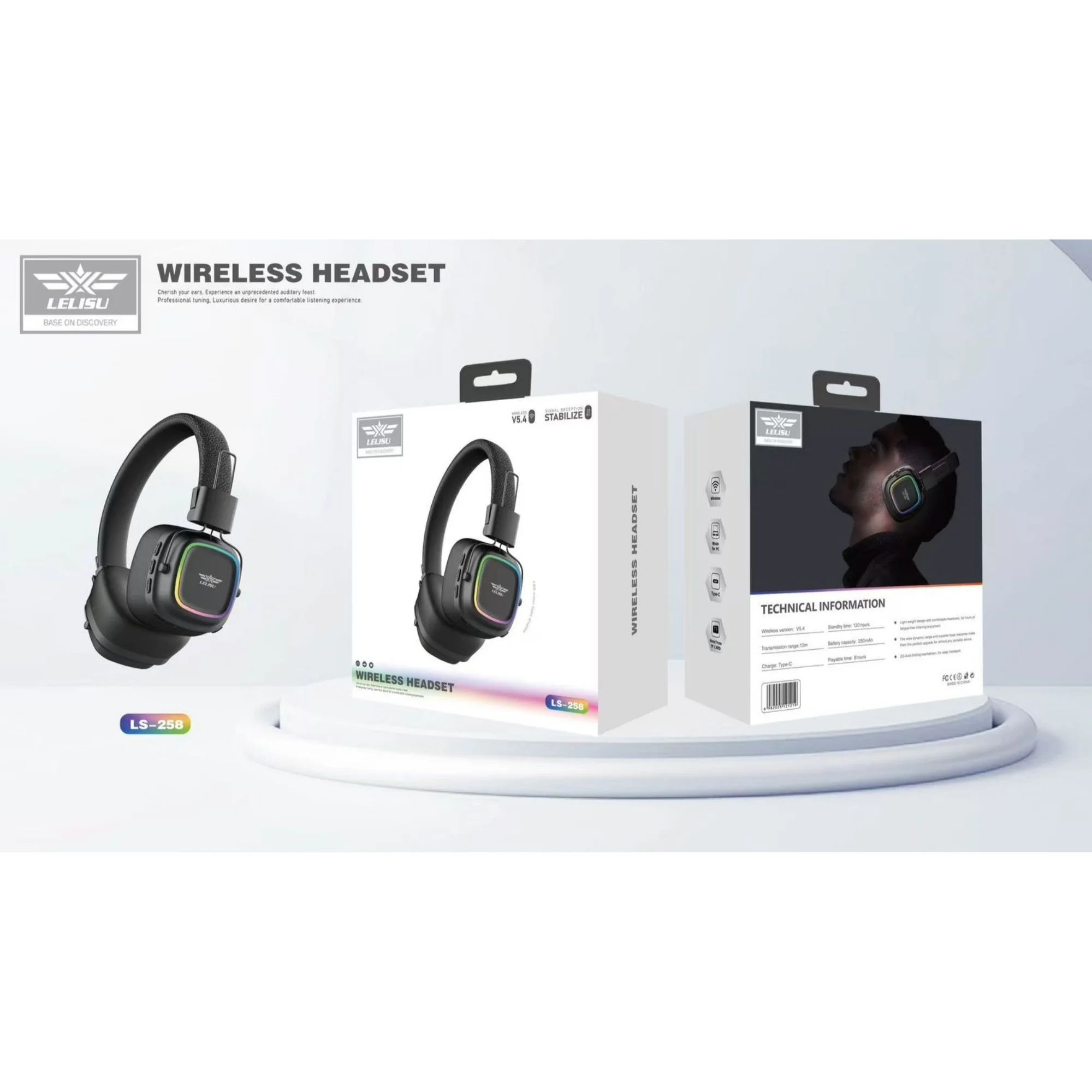 Lelisu LS-258 Wireless Stereo Headphones | Bluetooth 5.4 Over-Ear Headset with Type-C Charging & LED Lights - Image 4
